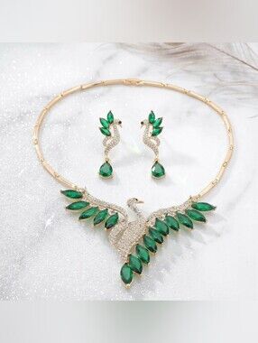 Gold Emerald Green And White Crystal Peacock Necklace & Earrings Set